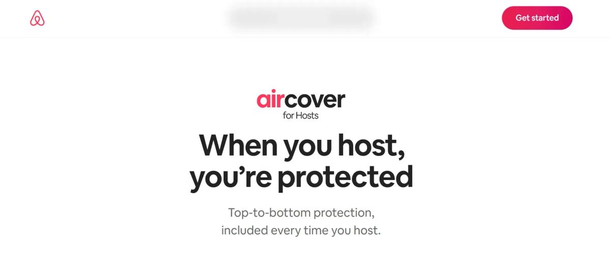 Airbnb webpage promoting AirCover for Hosts, highlighting built-in top-to-bottom protection included every time someone hosts on the platform.