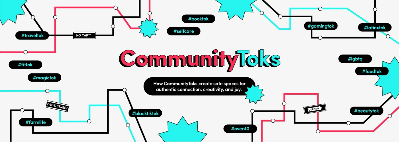 Graphic highlighting various TikTok communities like #booktok, #foodtok, #lgbtq, #beautytok, and #gamingtok, showing how niche groups create spaces for connection and creativity.