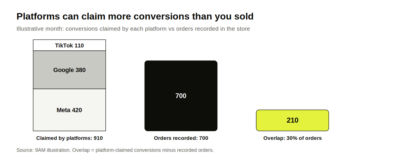 Chart of 910 platform-claimed conversions against 700 recorded orders, an overlap of 210 or 30 percent of orders