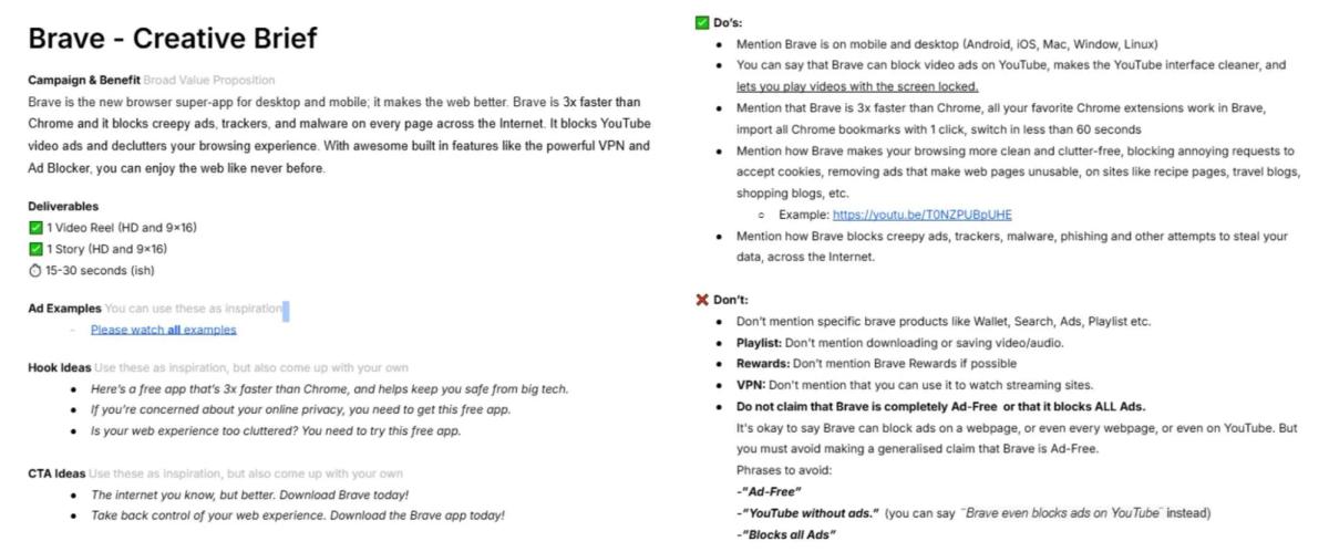 Example creative brief for Brave outlining campaign messaging, deliverables, hook and CTA ideas, plus creator do’s and don’ts.