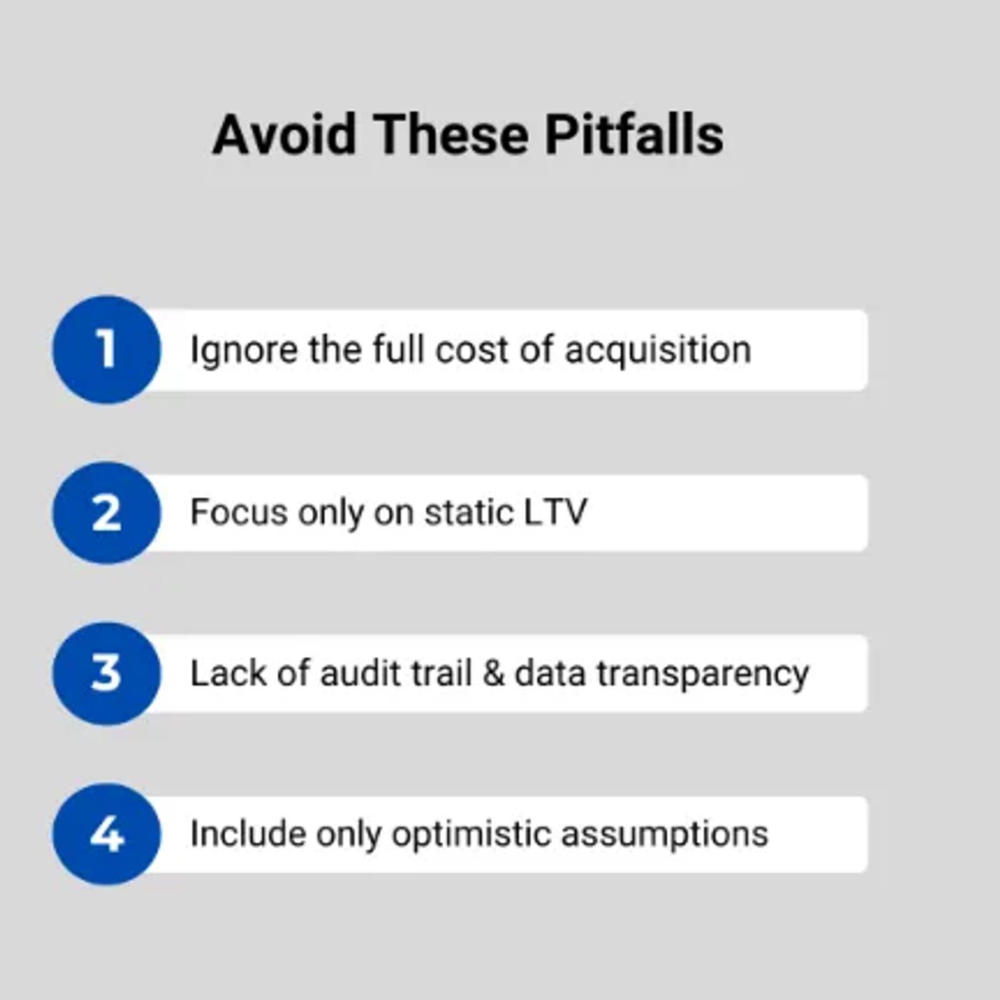 Graphic listing common pitfalls in LTV and CAC analysis, including ignoring full acquisition costs, relying on static LTV, lack of data transparency, and overly optimistic assumptions.