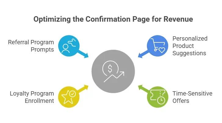 Diagram illustrating strategies to increase revenue on a confirmation page, including referral program prompts, personalized product suggestions, time-sensitive offers, and loyalty program enrollment.