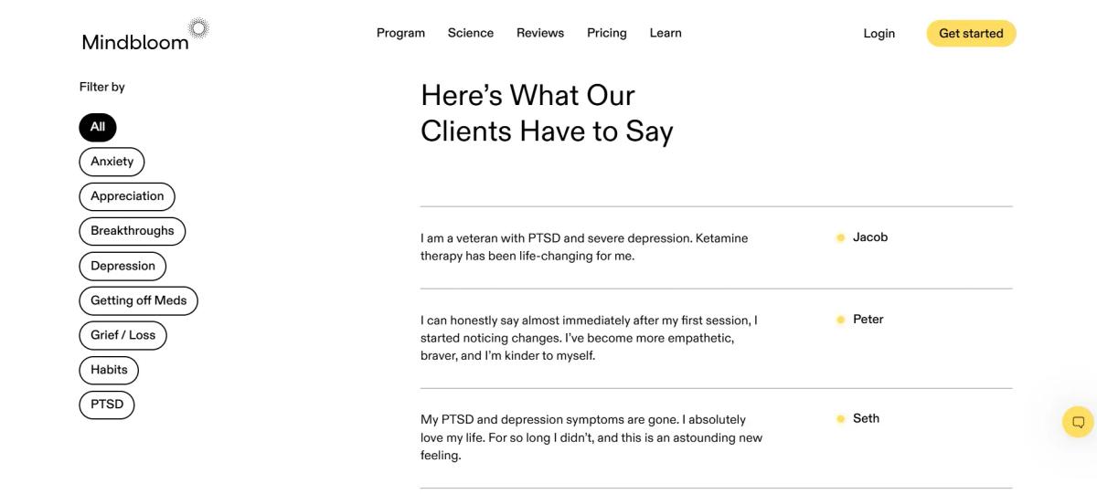 Webpage from Mindbloom displaying client testimonials about ketamine therapy for PTSD and depression, with a sidebar filter of mental health topics such as anxiety, depression, grief, habits, and PTSD.