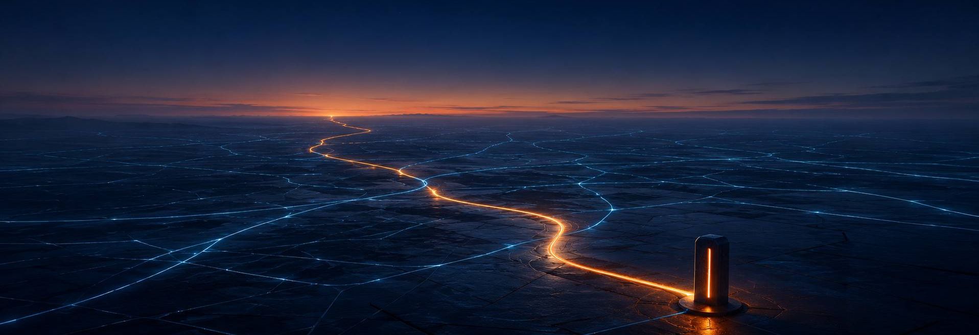 Abstract orange and cyan light curves on dark navy backdrop