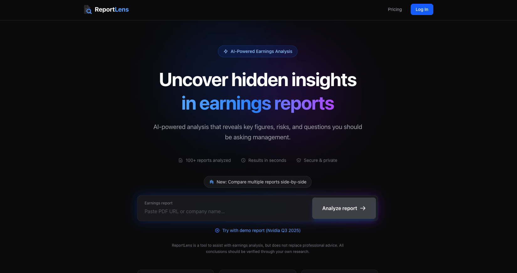 Screenshot of ReportLens - ReportLens is an AI-powered earnings report analysis platform built for investors and analysts. Past