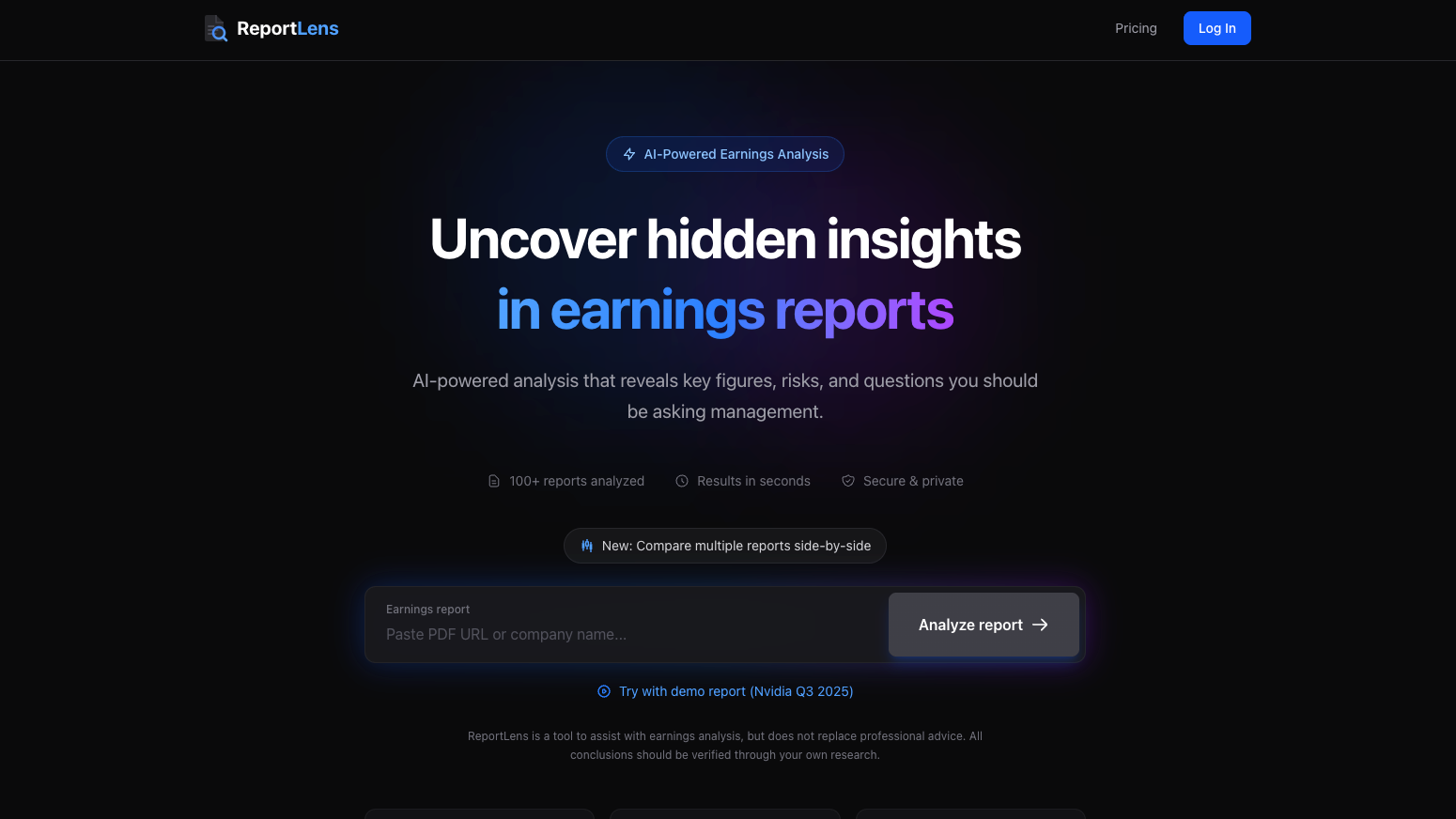 Screenshot of ReportLens - ReportLens is an AI-powered earnings report analysis platform built for investors and analysts. Past