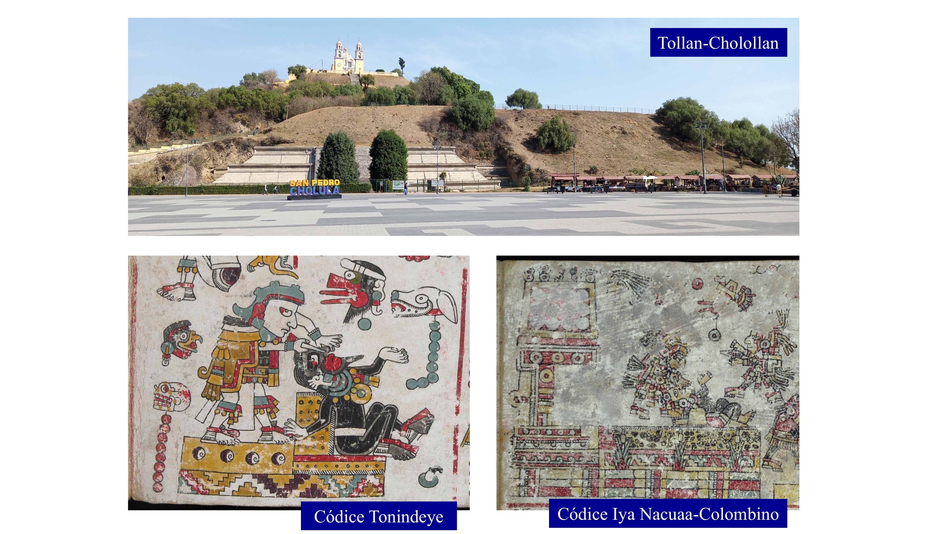 Above: Tollan-Cholollan, labeled, a square by a hill with a building in the background
Below: Two codices, labeled Códice Tonindeye and Códice Iya Nacuaa-Colombino