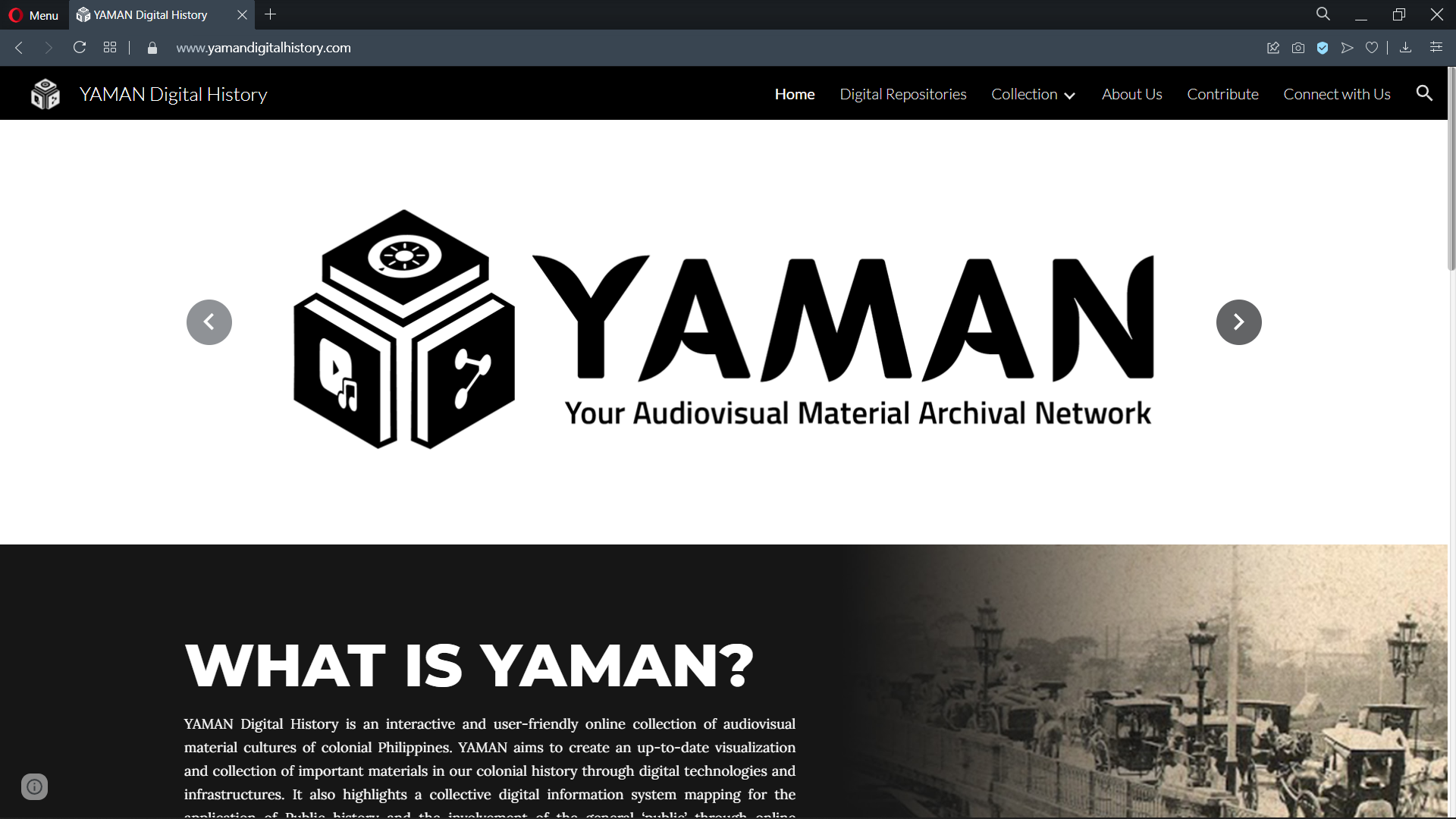 YAMAN website homepage. YAMAN logo. Text reads: YAMAN. Your Audiovisual Material Archival Network. What is YAMAN?