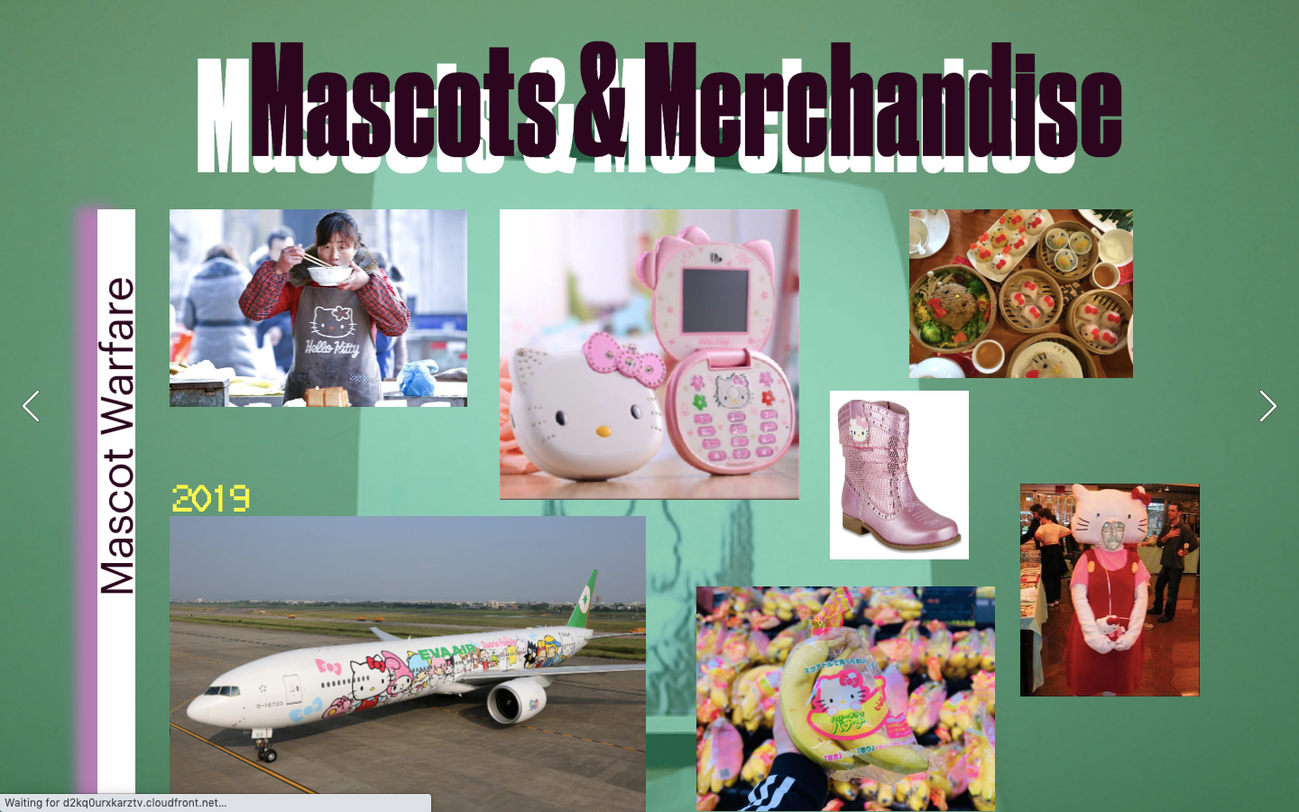 Mascots and Merchandise: a page with photos of someone in a Hello Kitty shirt, a Hello Kitty phone, plane, cowboy boots, bananas, dimsum, and someone in a Hello Kitty costume.