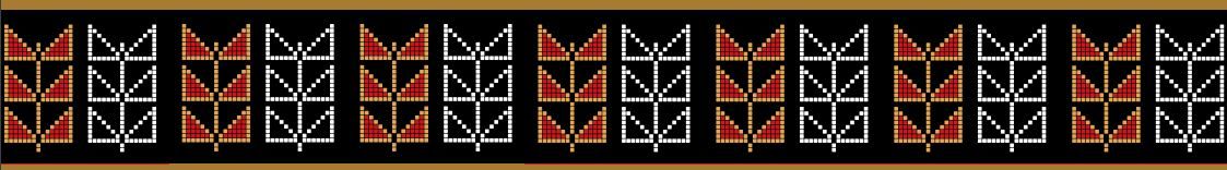 A banner of repeating leaf-shape patterns, red and gold alternating with black and white against a black background.