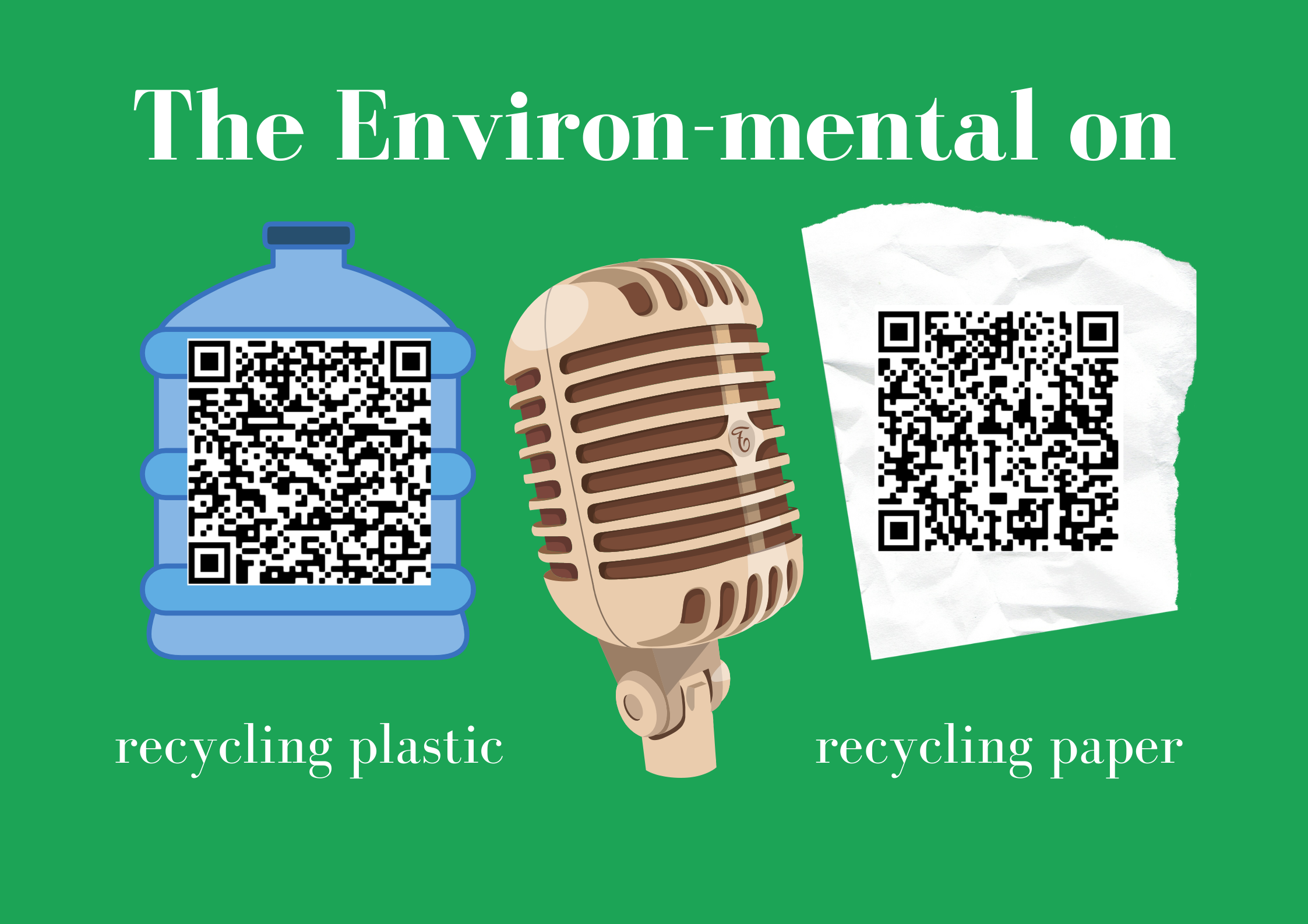 Poster with QR codes. Graphics of a water jug, microphone, and a piece of paper. Text reads: The Environ-mental on: recycling plastic, recycling paper.