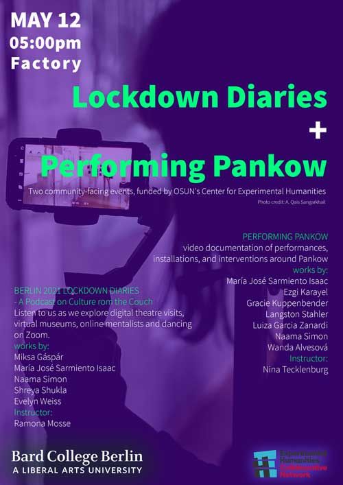 Lockdown Diaries + Performing Pankow poster. Purple image of a phone on a selfie stick recording.