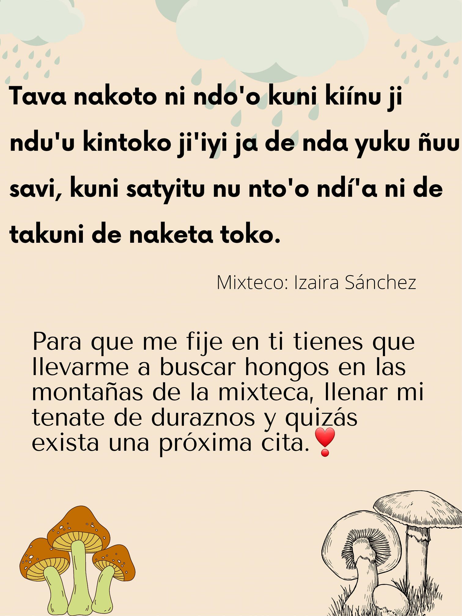 Poem in Mixtec by Izaira López Sánchez, translated underneath in Spanish

Poema en mixteco por Izaira López Sánchez