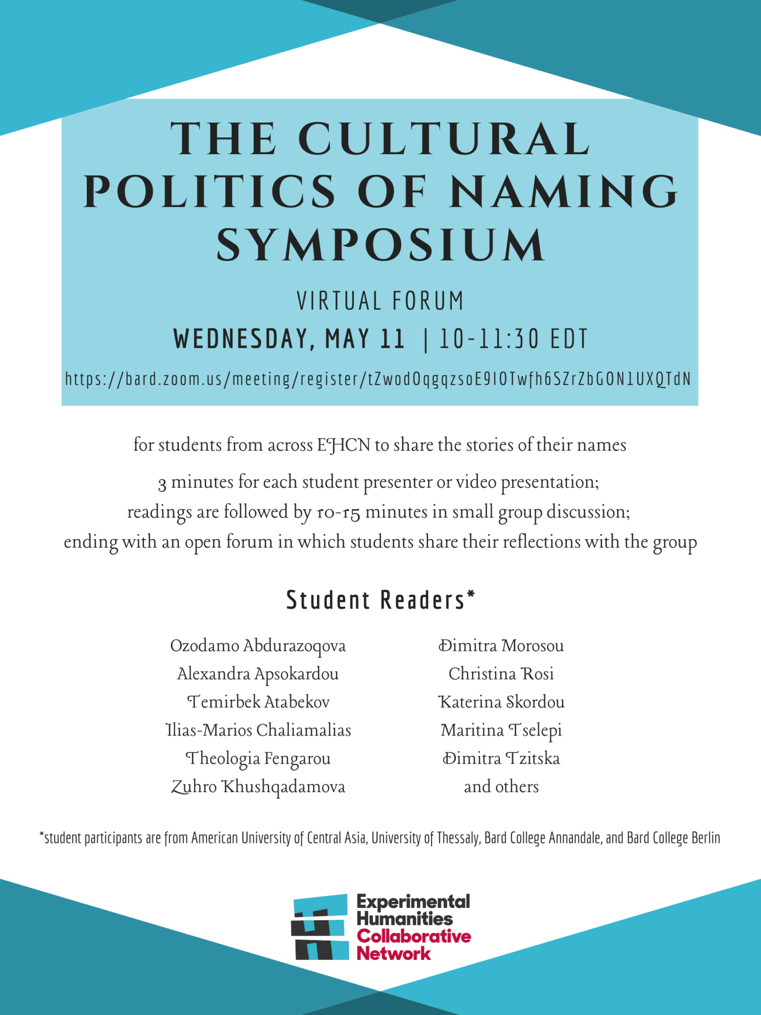 Poster for the Wednesday Virtual Forum of the Cultural Politics of Naming Symposium