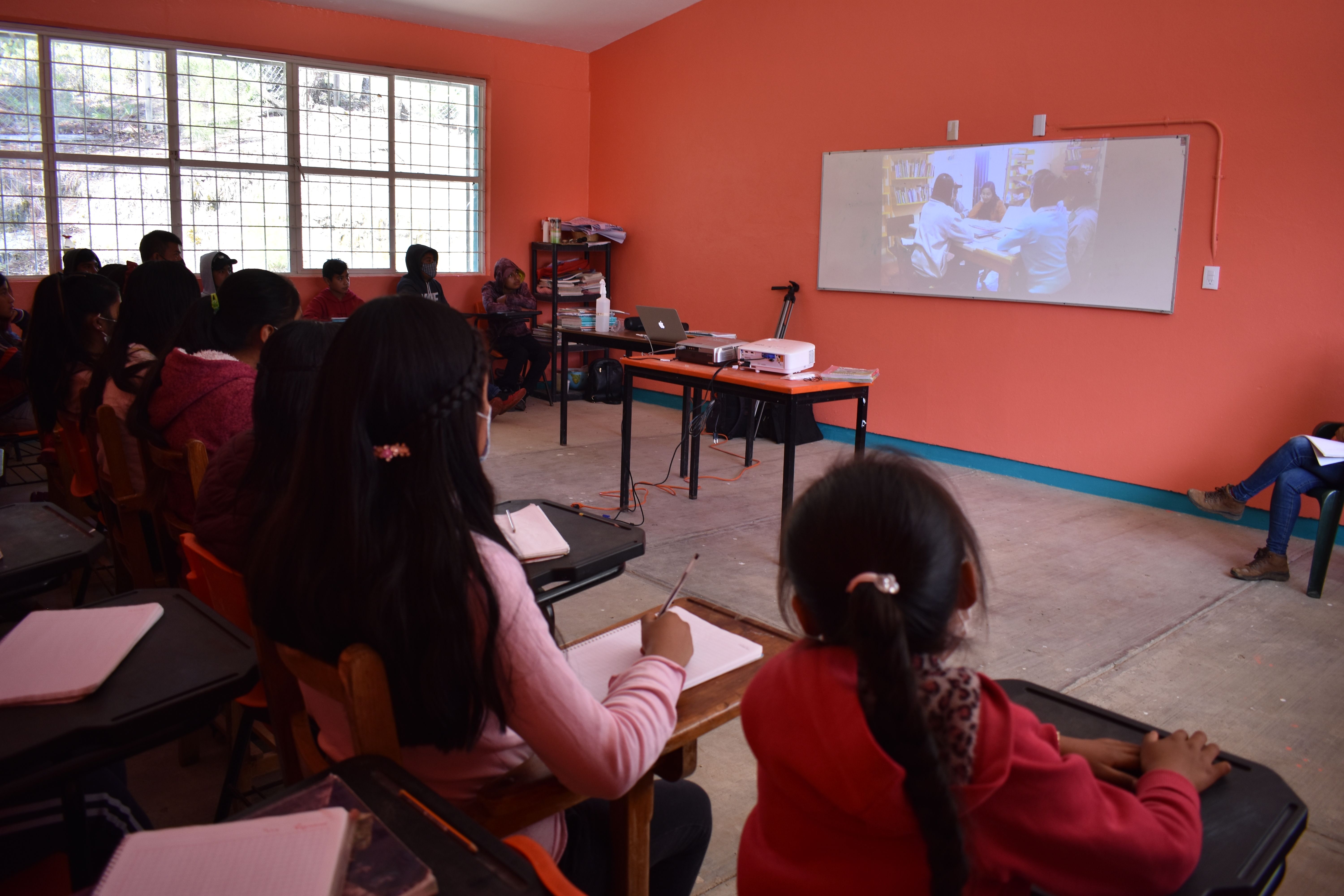 A class watches a film on a projector screen