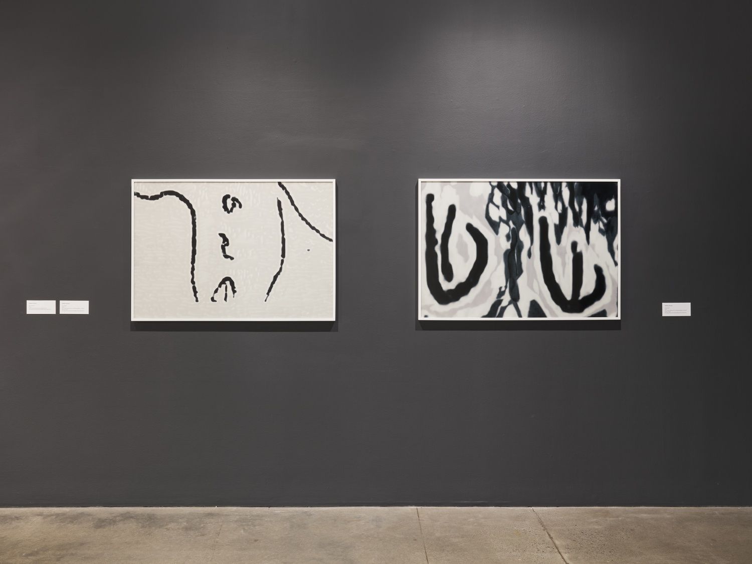 Two paintings, side by side: one like an abstract back with a protruding spine, made of a few thick lines. The other is inky: white, black and slate curving lines and puddles.