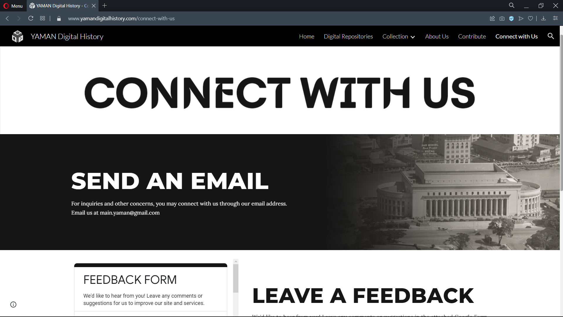 Screenshot from the YAMAN website. Title text reads: Connect with us. Send an email. Leave a Feedback.