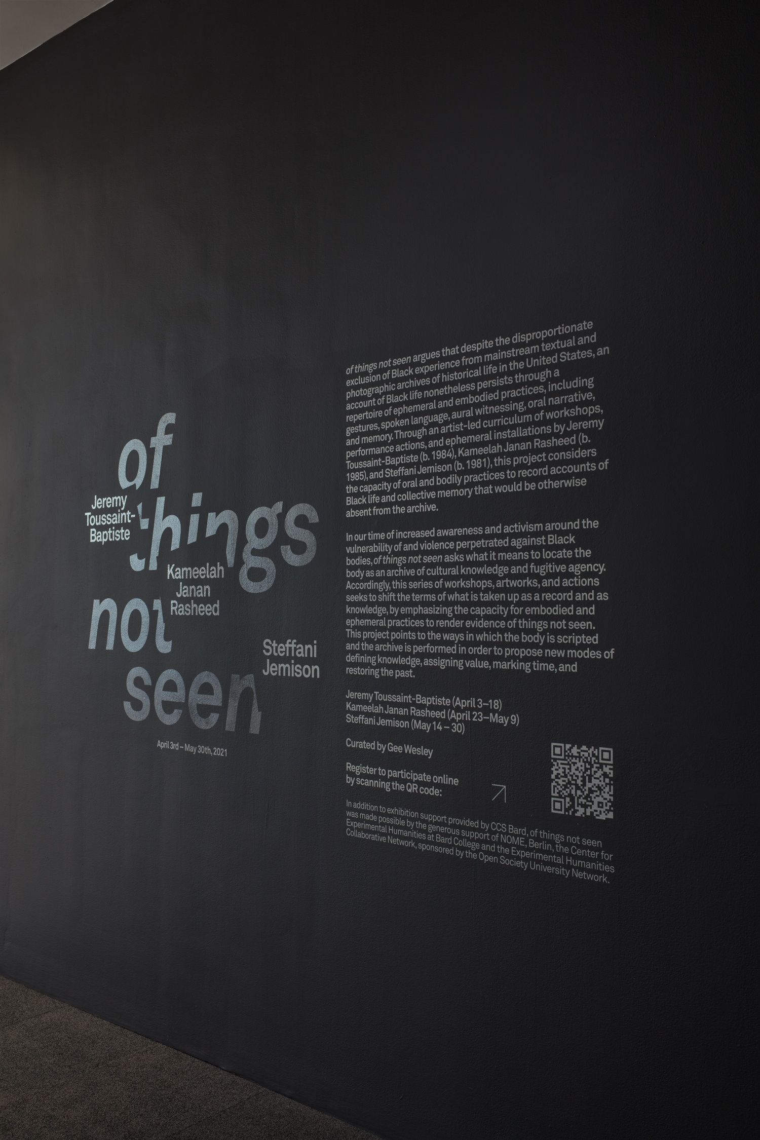 of things not seen exhibition entrance wall text: slightly blue title text and white body text on a black wall