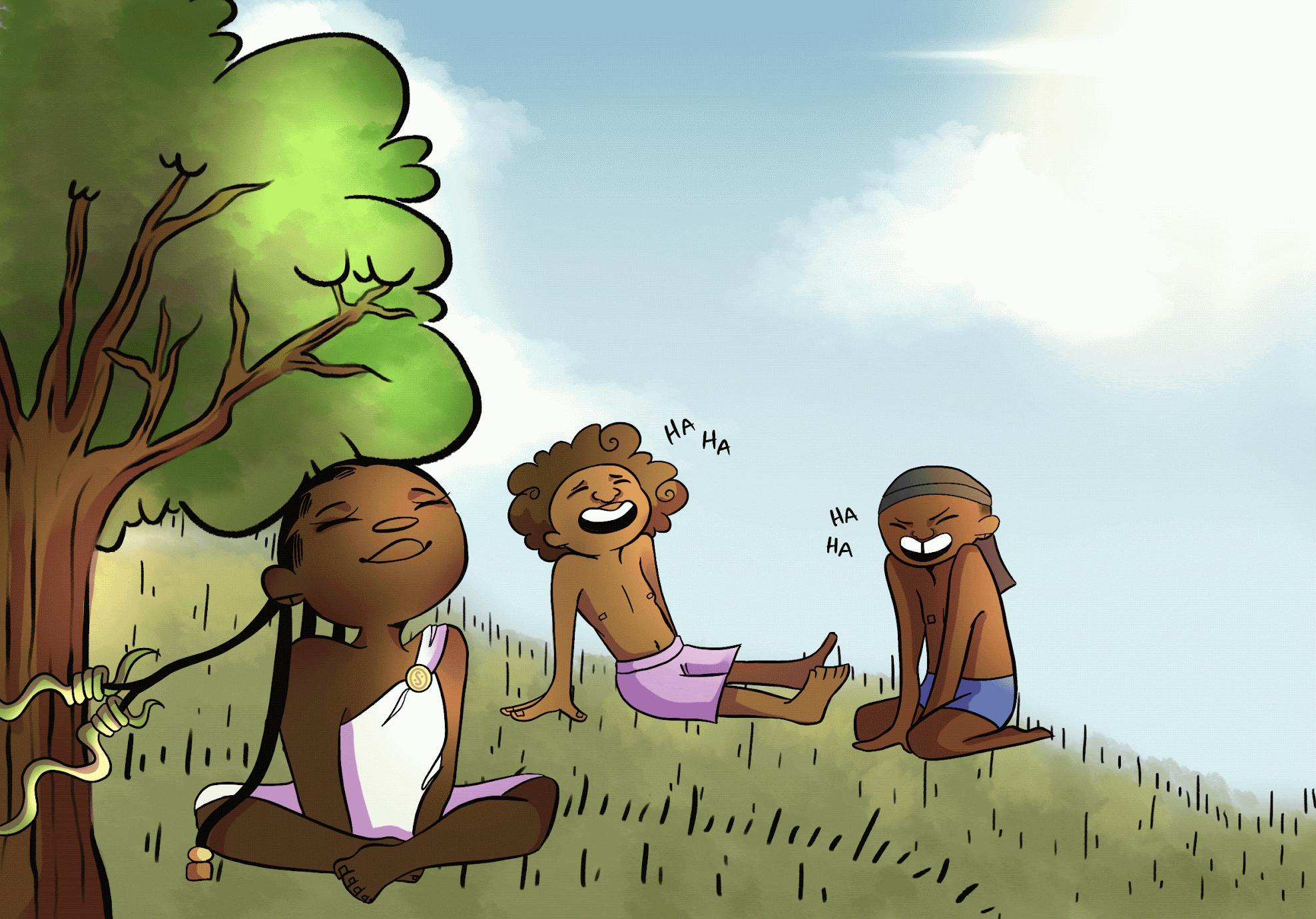 Two boys in swim trunks laugh while two snakes braid a girl’s hair: she wears a pink toga and sits under a tree.