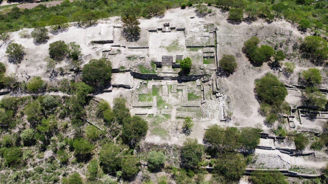 A bird’s eye view of tree-surrounded site with paths and stairs
