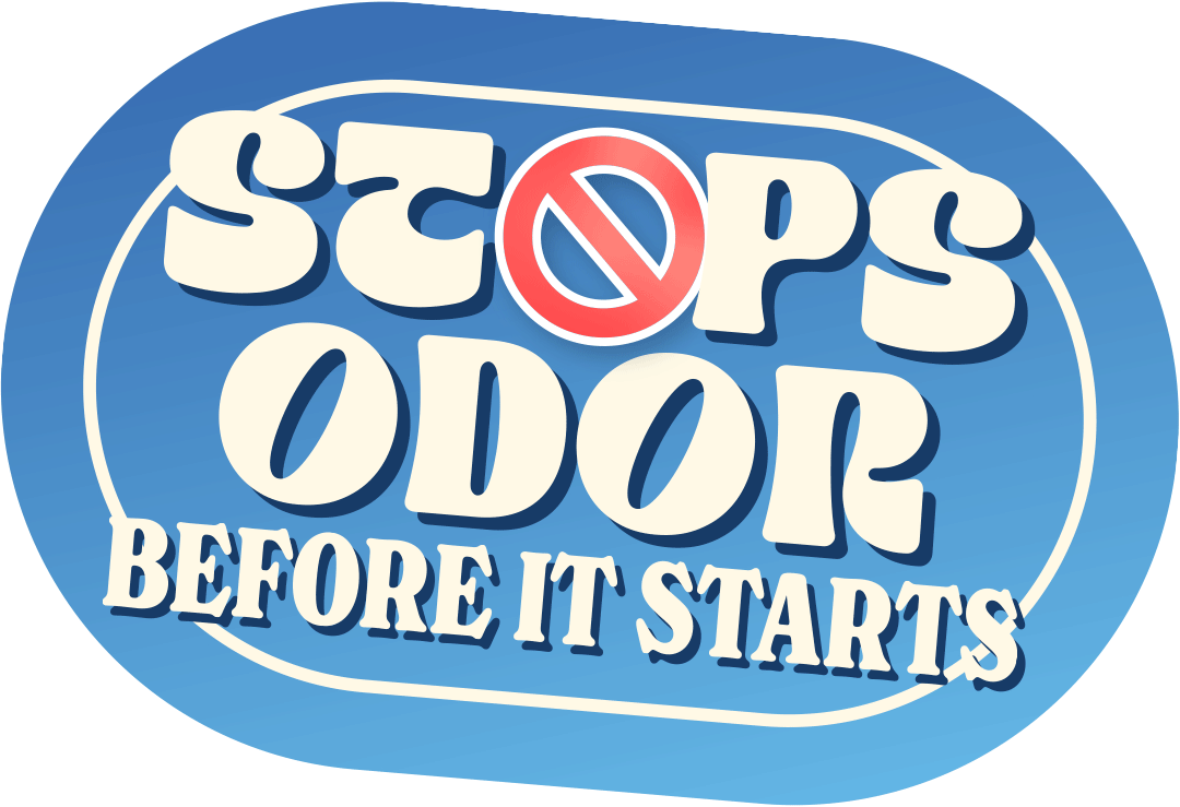 Sticker that says Stops Odor Before It Starts
