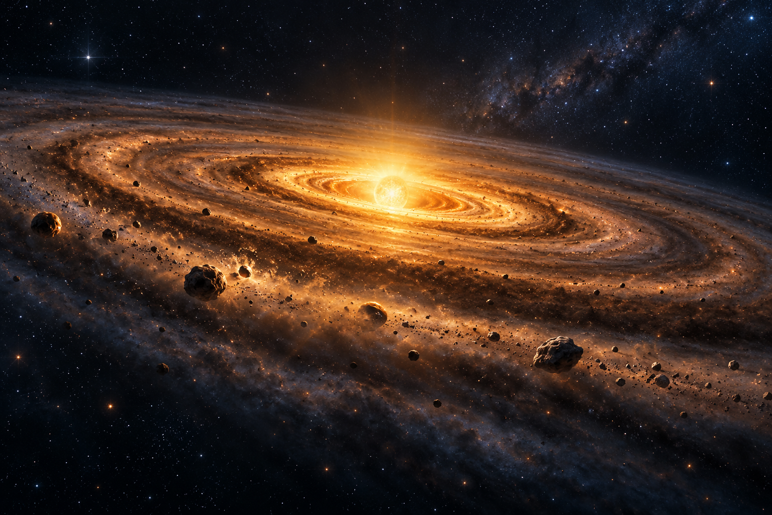 Illustration of a protoplanetary disk and early Solar System formation.