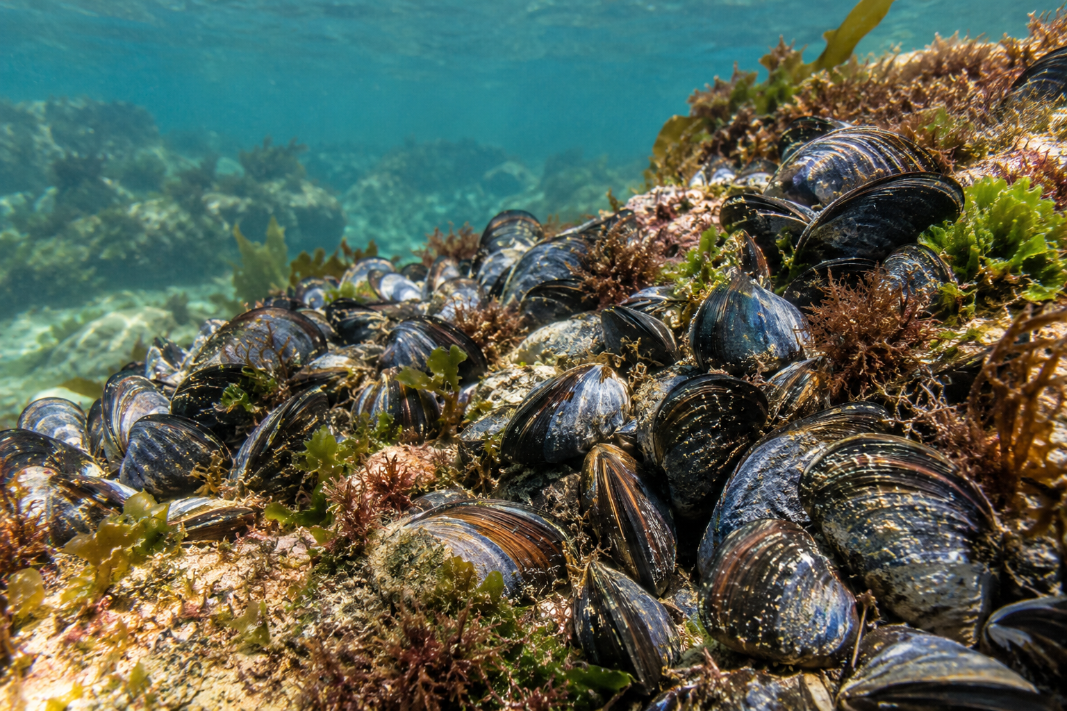 Shell-forming organisms such as mussels depend on seawater chemistry that supports calcium-carbonate shell formation.