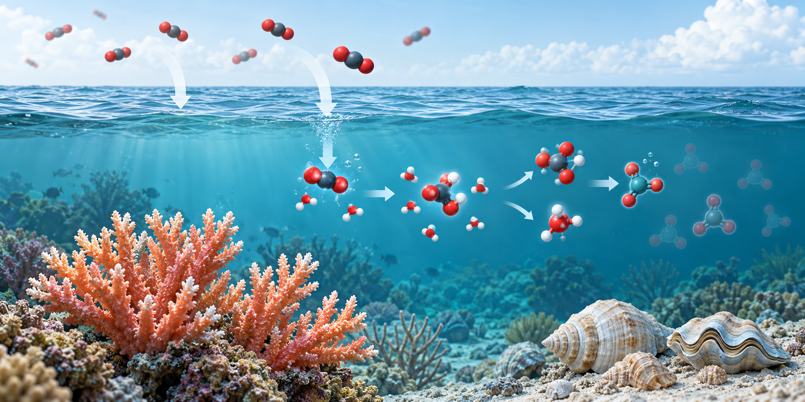 Conceptual pathway showing how atmospheric CO₂ enters seawater and shifts carbonate chemistry.