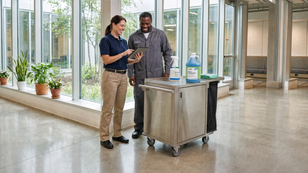 Two cleaning professionals reviewing a setup together beside a tidy supply cart in a bright facility
