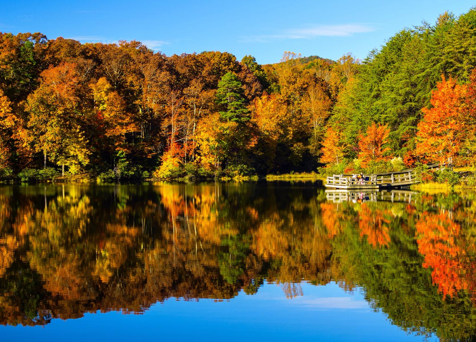 A calm, clear lake reflecting autumn trees under a bright blue sky