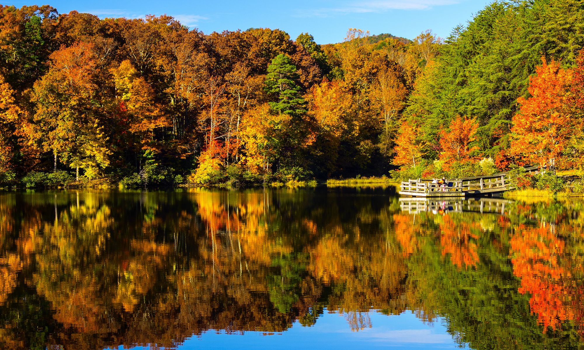 A calm, clear lake reflecting autumn trees under a bright blue sky