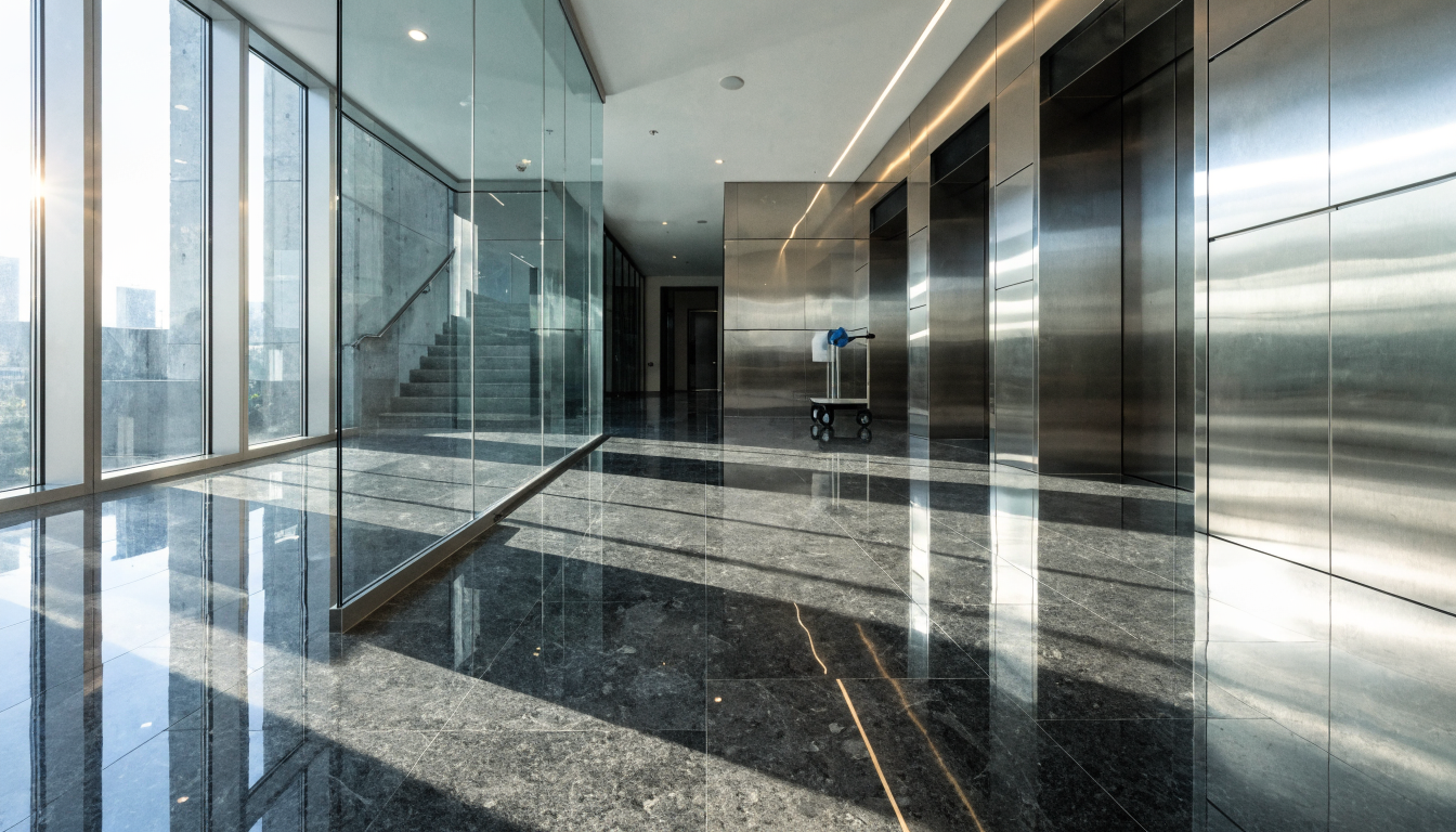 A sleek modern condominium lobby with polished stone floors and a cleaning cart near the elevators.