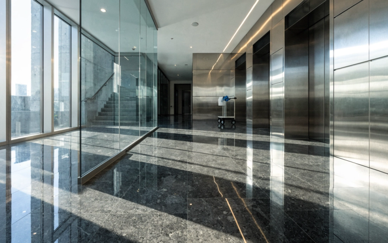 A sleek modern condominium lobby with polished stone floors and a cleaning cart near the elevators.
