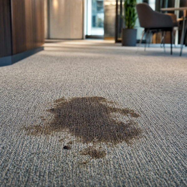 A beige commercial carpet with a large brown stain soaked into the fibres, before cleaning.