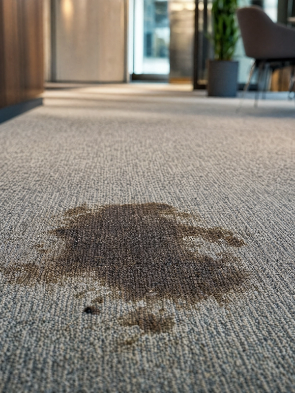 A beige commercial carpet with a large brown stain soaked into the fibres, before cleaning.