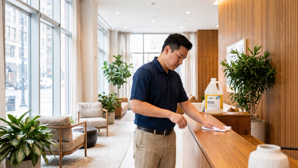 On-site building attendant cleaning a bright modern multi-tenant residential lobby and amenity area