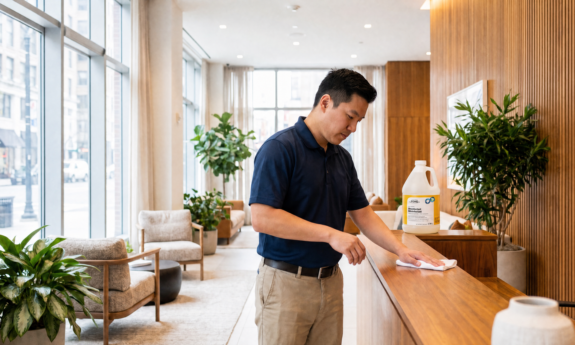 On-site building attendant cleaning a bright modern multi-tenant residential lobby and amenity area