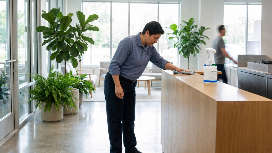 A cleaning professional wiping down a bright modern office reception desk with a spray bottle, surrounded by plants and natural light