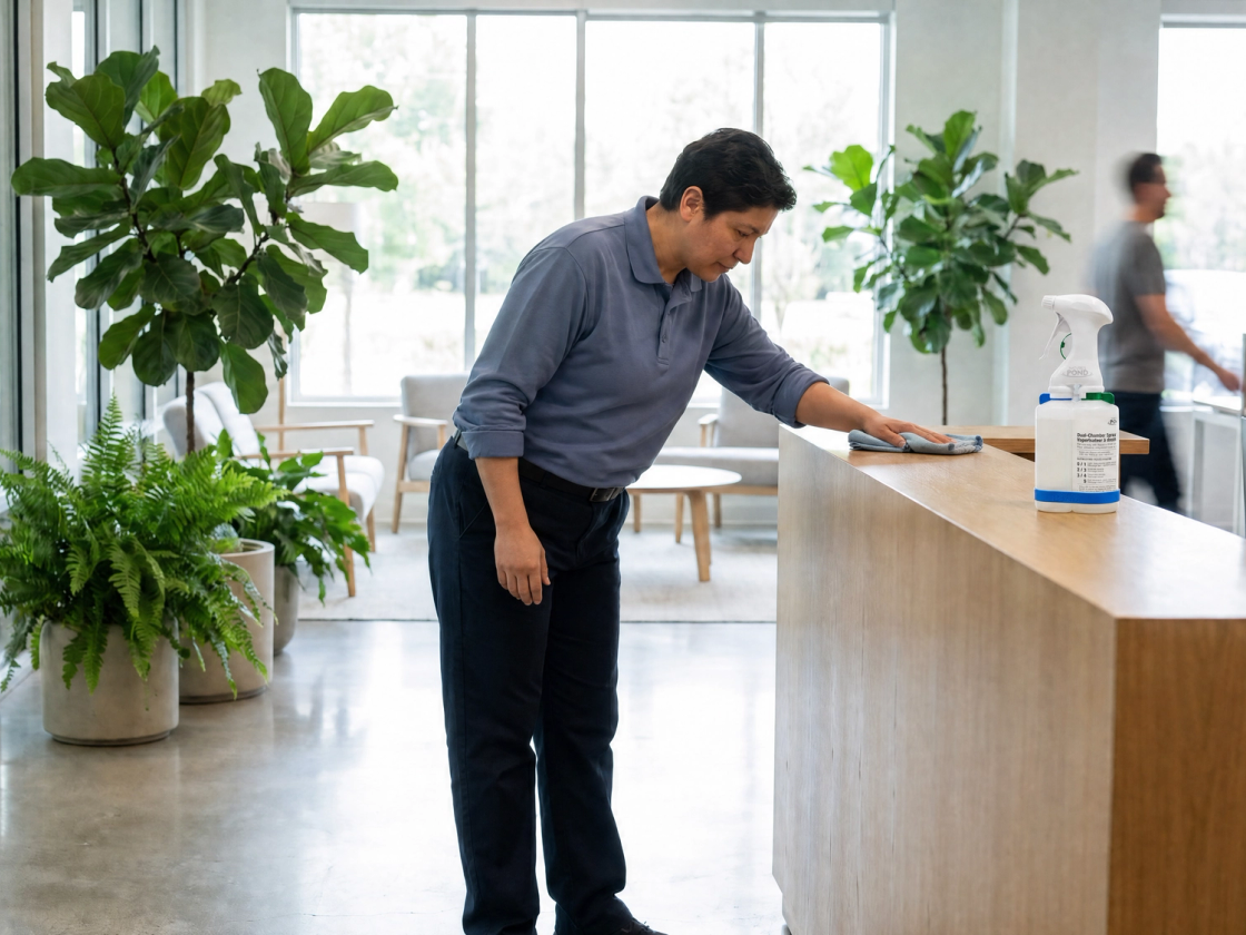 A cleaning professional wiping down a bright modern office reception desk with a spray bottle, surrounded by plants and natural light