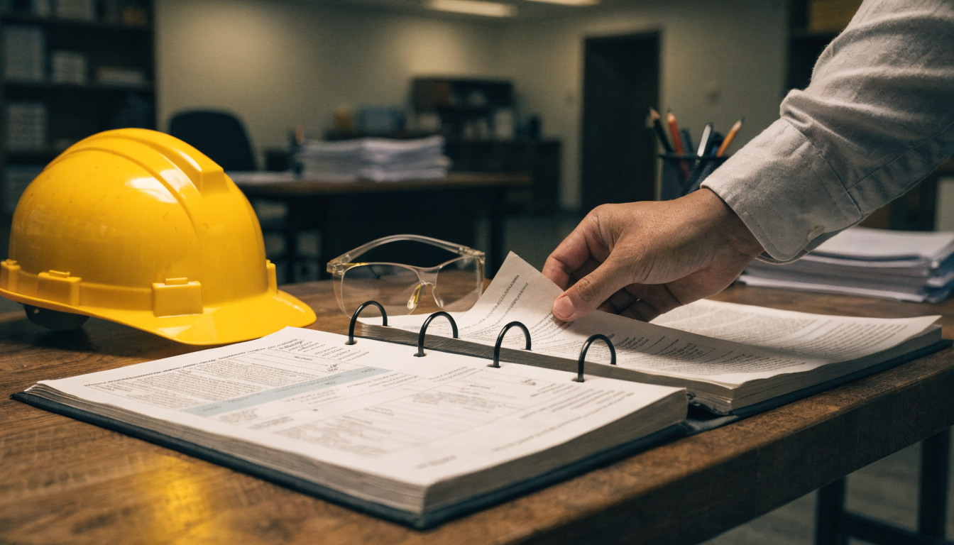 An open binder of documents on a tidy facility office desk beside a yellow hard hat and safety glasses.
