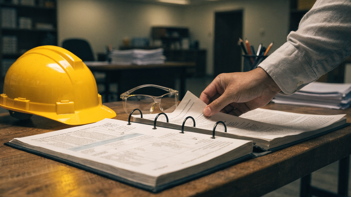 An open binder of documents on a tidy facility office desk beside a yellow hard hat and safety glasses.