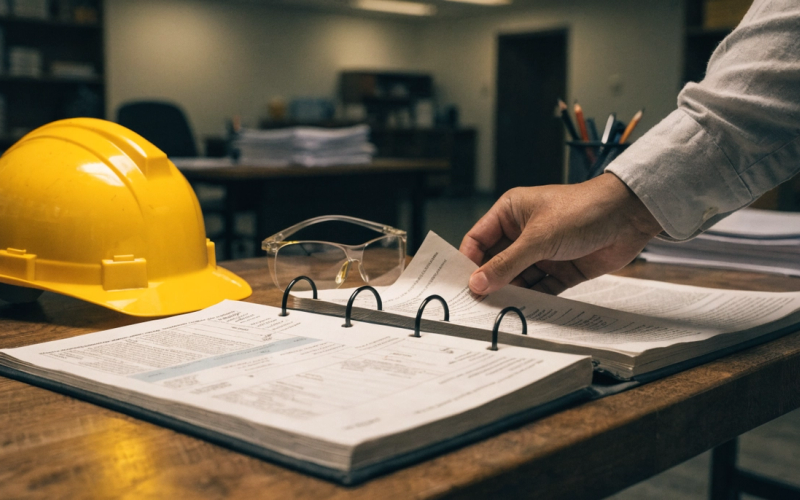 An open binder of documents on a tidy facility office desk beside a yellow hard hat and safety glasses.