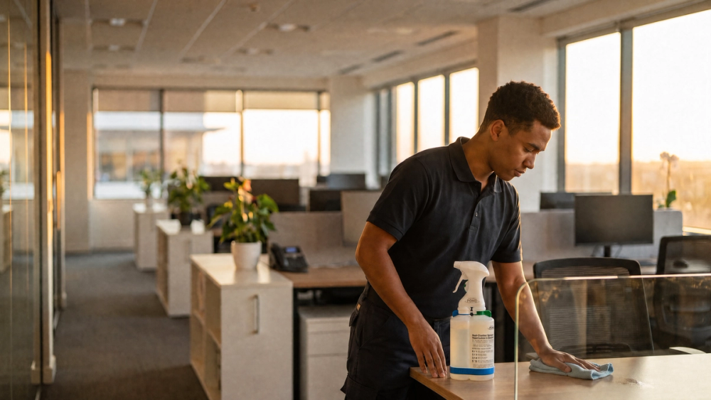 After-hours cleaning crew member wiping a desk and glass partition in a modern open-plan office