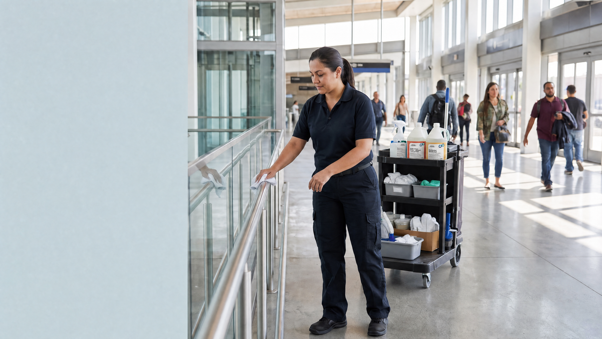 Cleaner with a cleaning cart wiping a handrail in the concourse of a busy modern public transit station