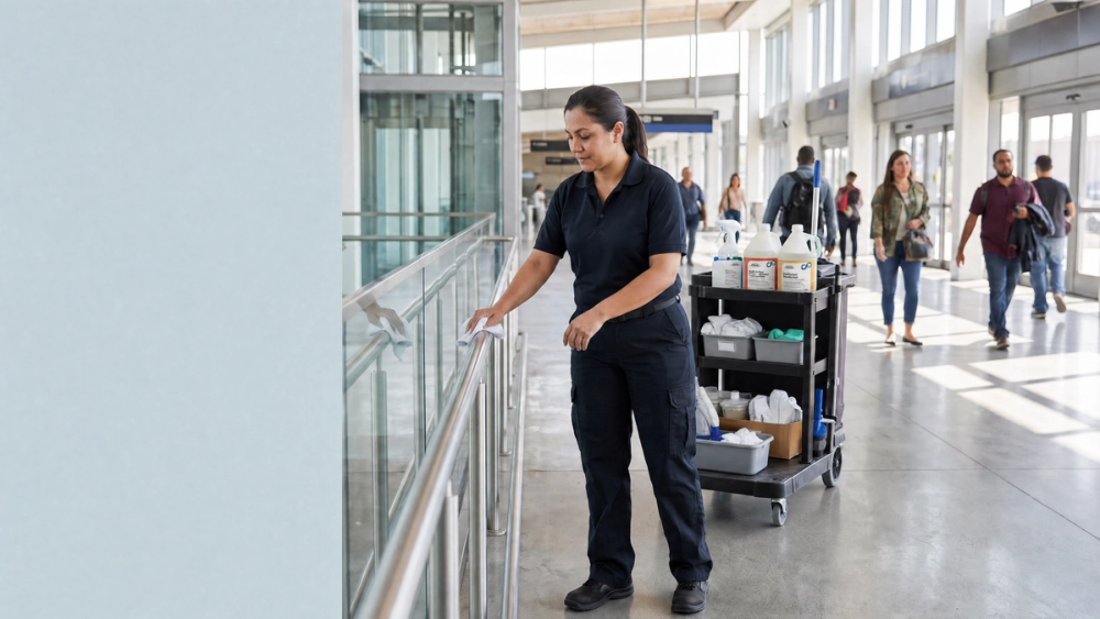 Cleaner with a cleaning cart wiping a handrail in the concourse of a busy modern public transit station