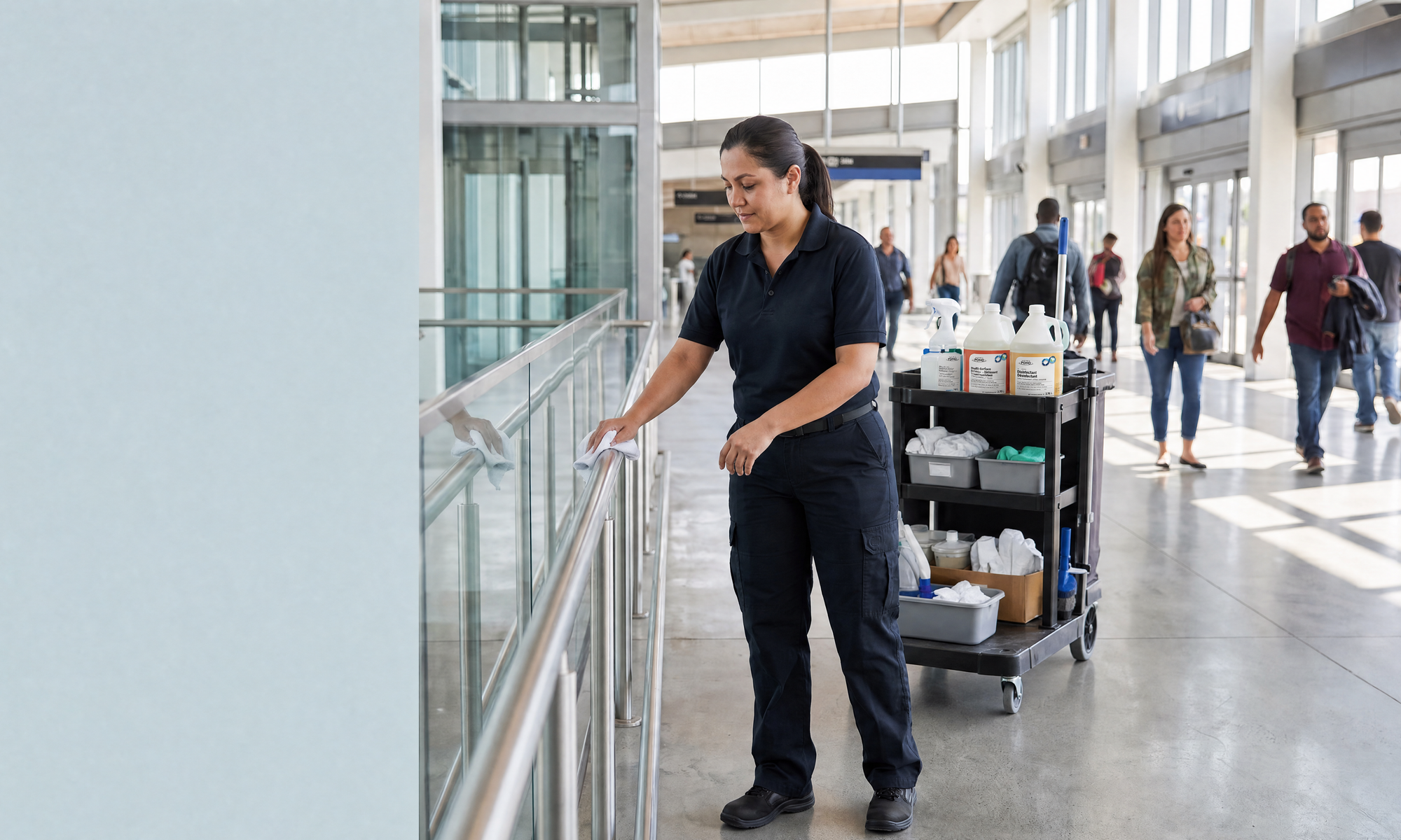 Cleaner with a cleaning cart wiping a handrail in the concourse of a busy modern public transit station