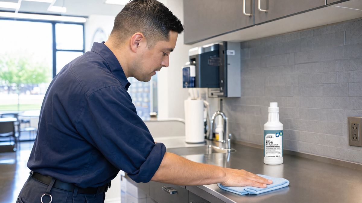 A facilities professional reading the label on a Nature’s Pond Disinfectant jug
