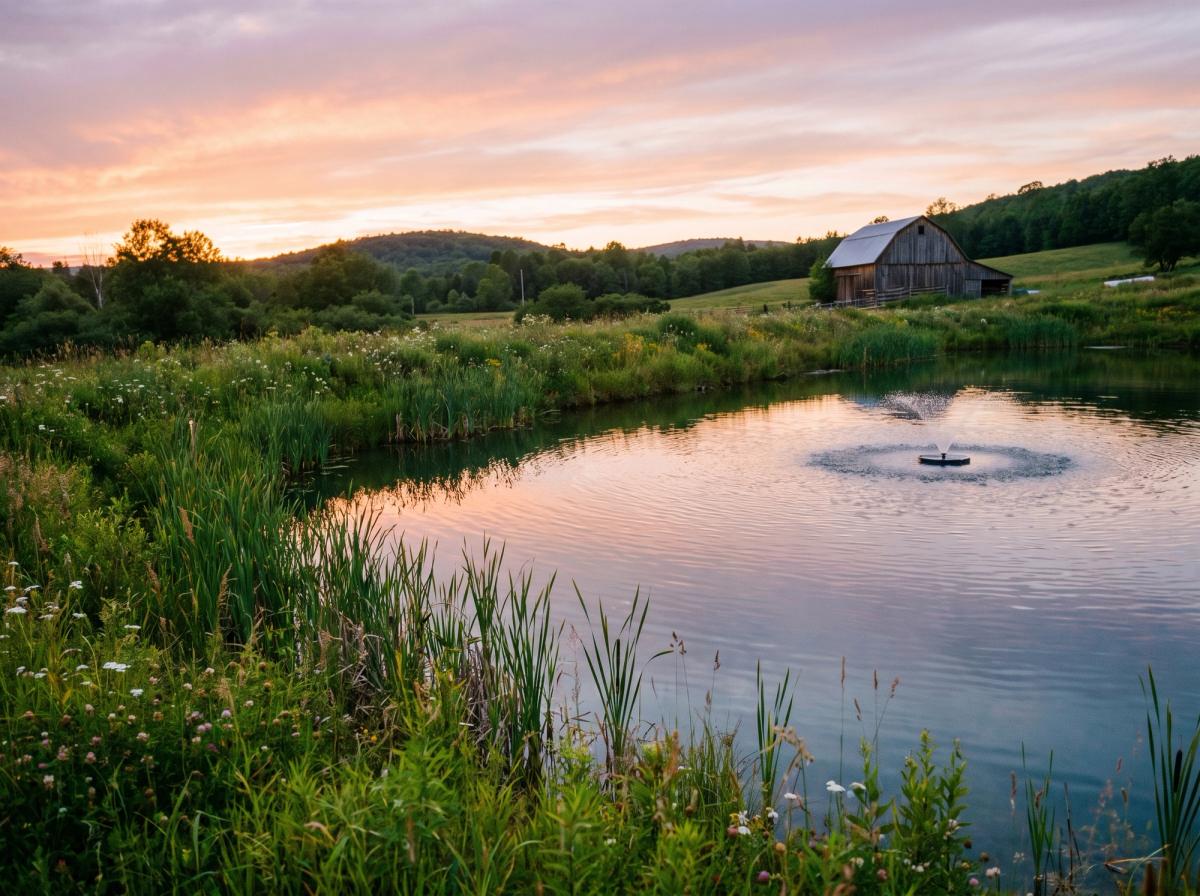 A healthy Canadian farm pond with an aeration fountain at golden hour