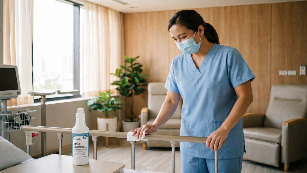 Environmental-services attendant wiping a bed rail with a spray bottle in a bright hospital patient room