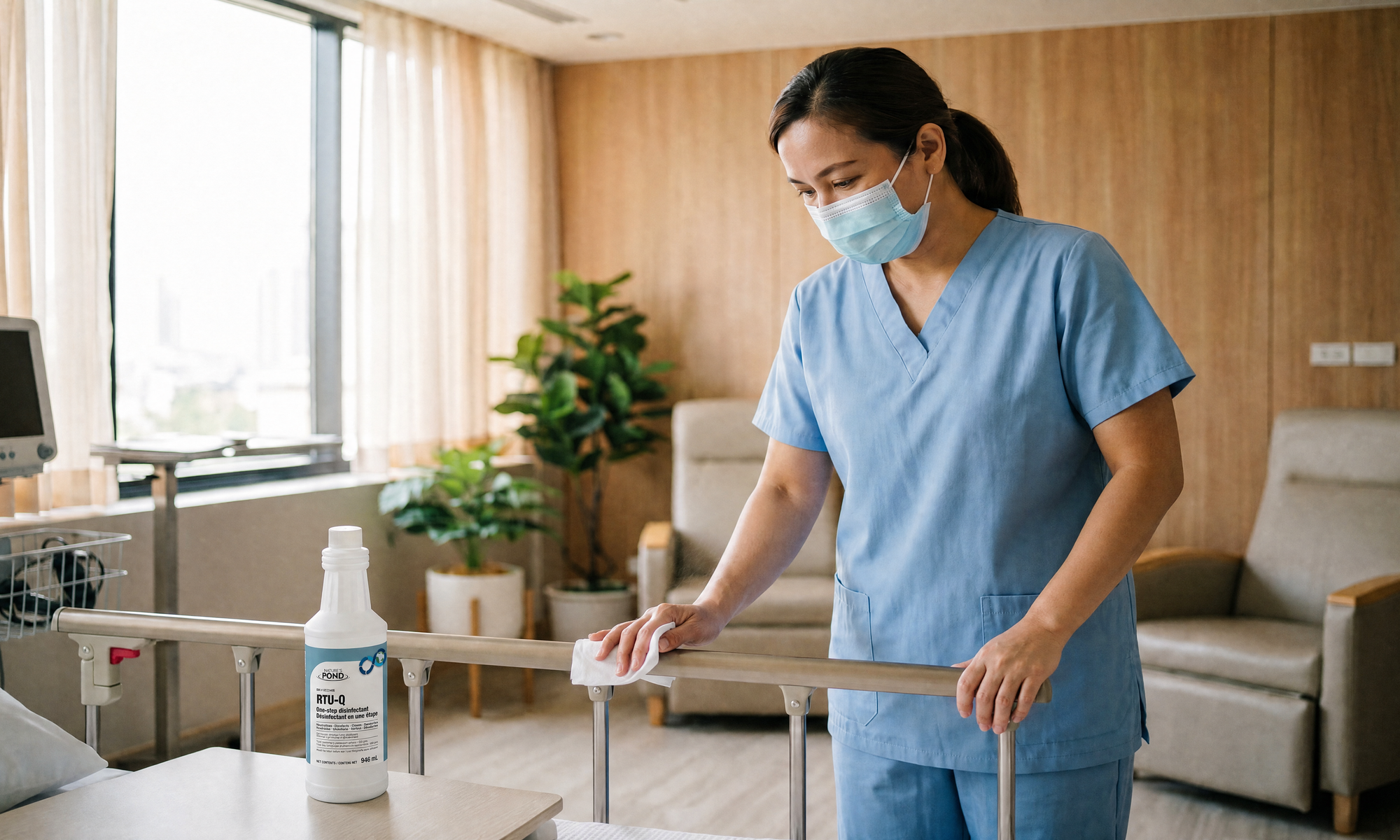 Environmental-services attendant wiping a bed rail with a spray bottle in a bright hospital patient room